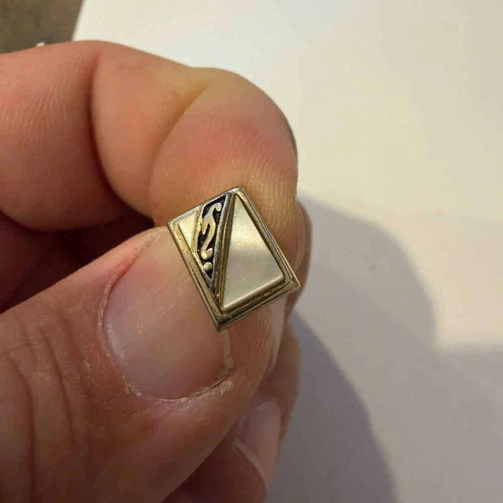 Vintage Swank Mother of Pearl Tie Tack Gold Tone Filigree Rectangular Lapel Pin